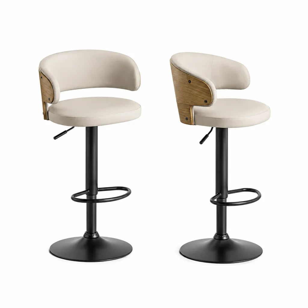 Set di 2 sgabelli da bar girevoli regolabili in altezza con schienale in PU beige e pannelli effetto rovere 43 x 48 x 88-108 cm