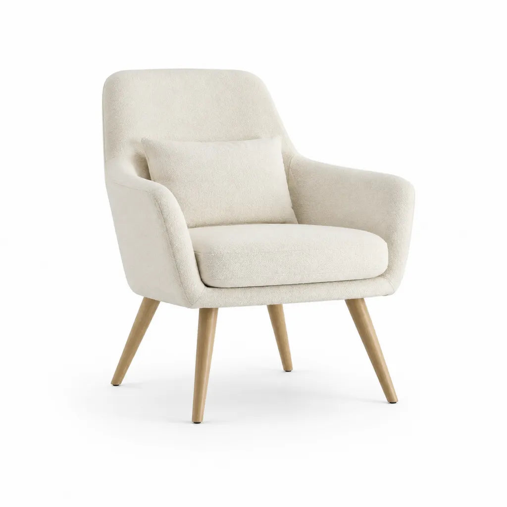 Poltrona da soggiorno imbottita in poliestere boucle con gambe in faggio crema 74 x 78 x 88 cm