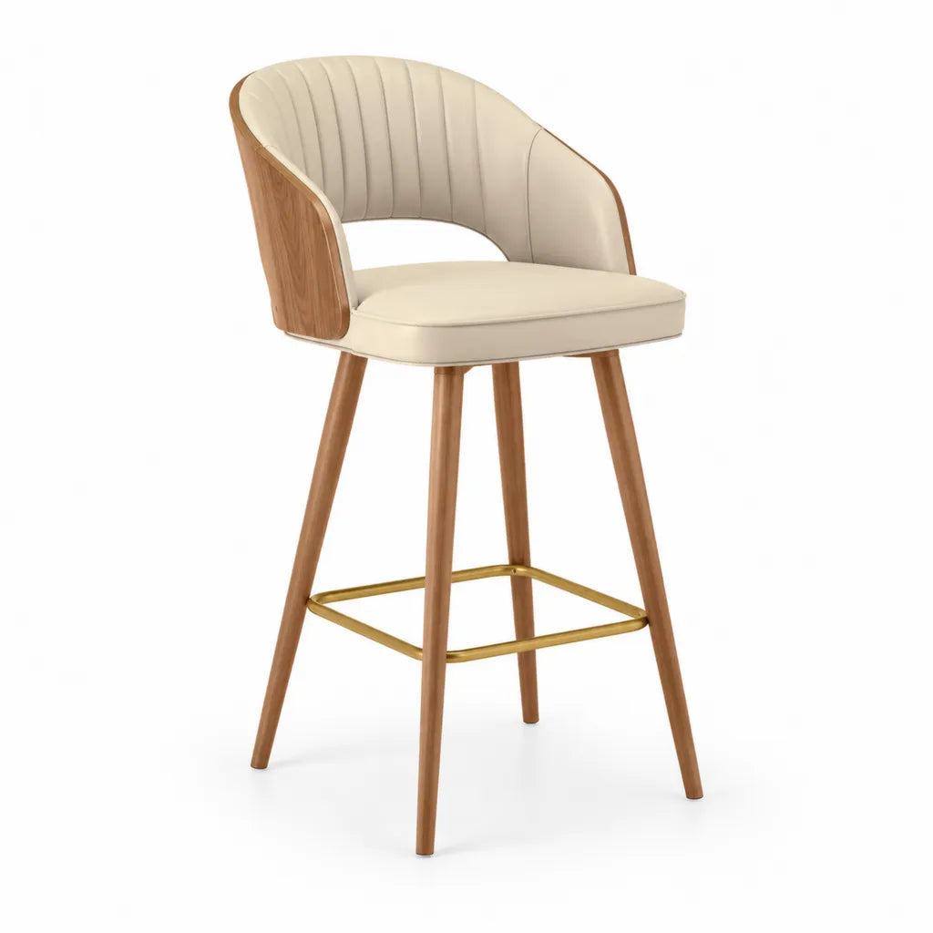 Sgabello da bar con schienale curvo in similpelle PU e legno massello crema noce 55 x 54 x 103 cm