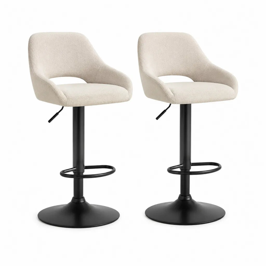 Set di 2 sgabelli da bar regolabili in poliestere boucle beige con base rotonda in acciaio nero 50 x 52 x 90-111 cm