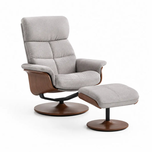 Poltrona relax reclinabile con poggiapiedi sagomato in poliestere grigio e multistrato di betulla noce 80 x 89 x 104 cm