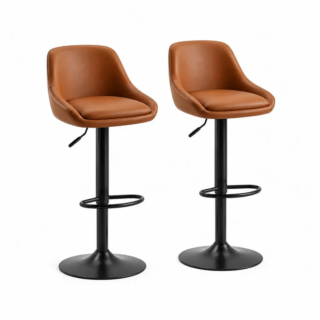 Set di 2 sgabelli da bar regolabili in altezza in PU marrone con base rotonda in acciaio nero 49 x 52 x 91-111 cm