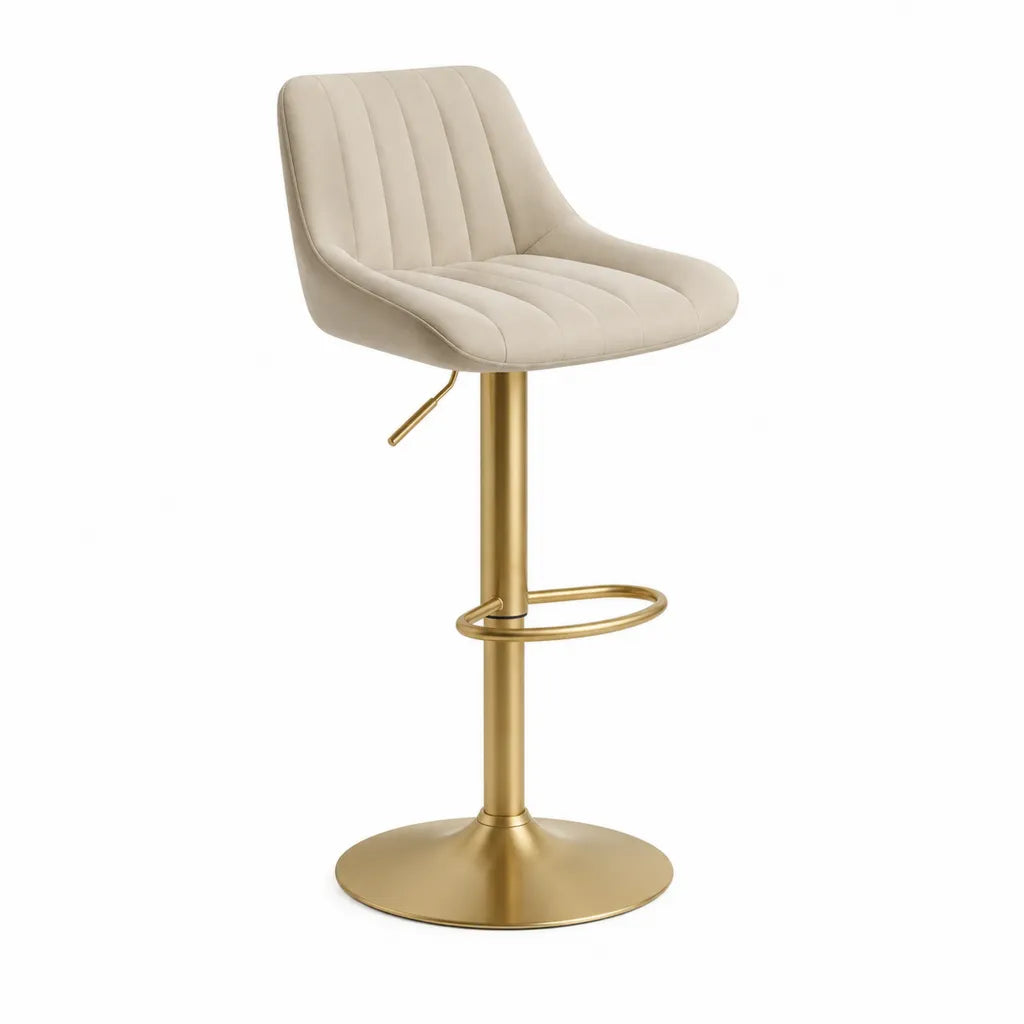 Sgabello da bar girevole regolabile in altezza con schienale in similpelle PU beige e base in acciaio oro 52 x 54 x 87-109 cm altezza seduta 62-84 cm