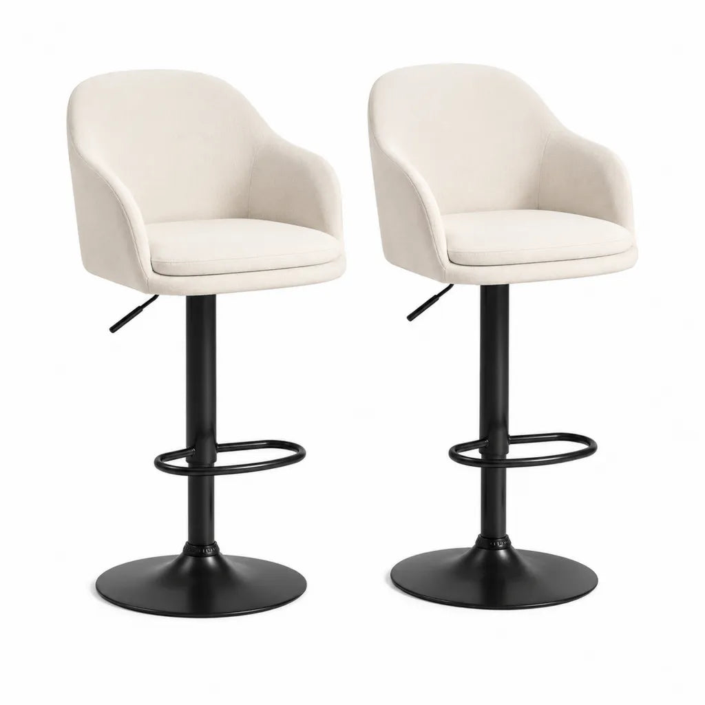 Set di 2 sgabelli da bar girevoli regolabili con schienale in poliestere bianco e base in acciaio nero 52 x 54 x 88-109 cm