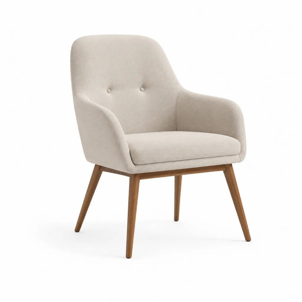 Poltrona imbottita da soggiorno con braccioli in poliestere beige e gambe in legno massello 68 x 72 x 88 cm