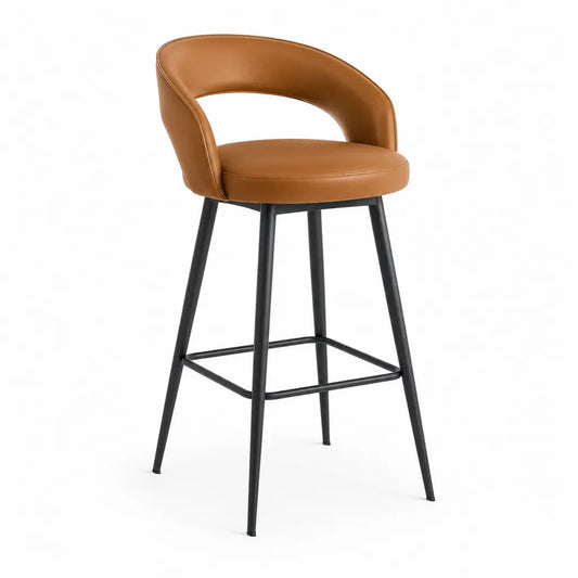 Sgabello da bar con schienale curvo in pelle sintetica PU marrone e acciaio nero 52 x 54 x 104 cm