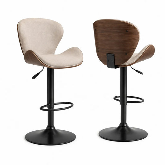 Sgabello da bar regolabile girevole con schienale in poliestere beige e multistrato impiallacciato noce 52 x 50 x 91-113 cm