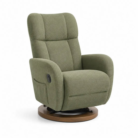 Poltrona reclinabile elettrica girevole in poliestere verde oliva con base circolare 84 x 92 x 104 cm