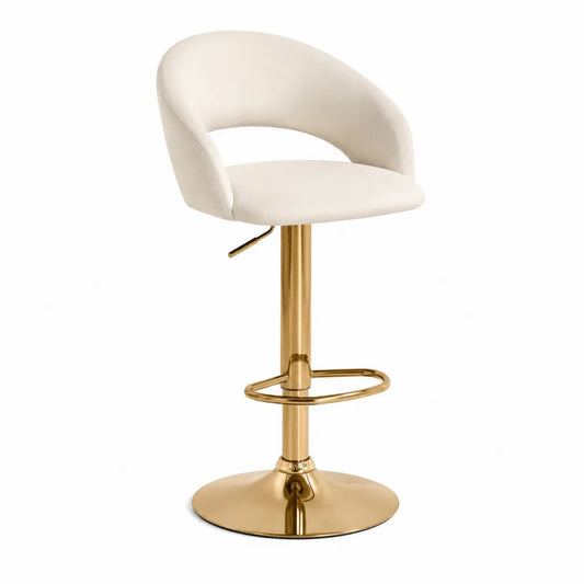 Sgabello da bar regolabile con schienale curvo in velluto beige e base rotonda dorata 50 x 52 x 85-107 cm