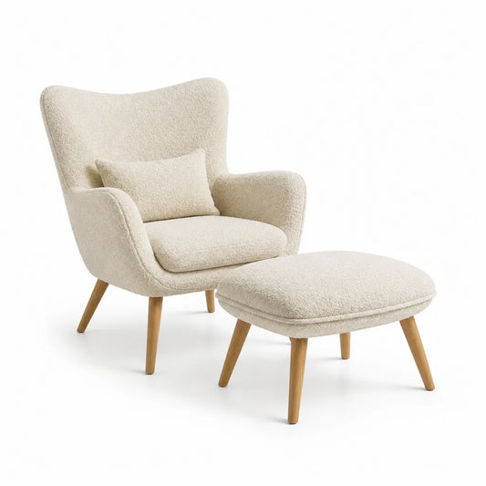 Poltrona relax con poggiapiedi e cuscino in poliestere boucle avorio con gambe in legno massello 76 x 82 x 101 cm