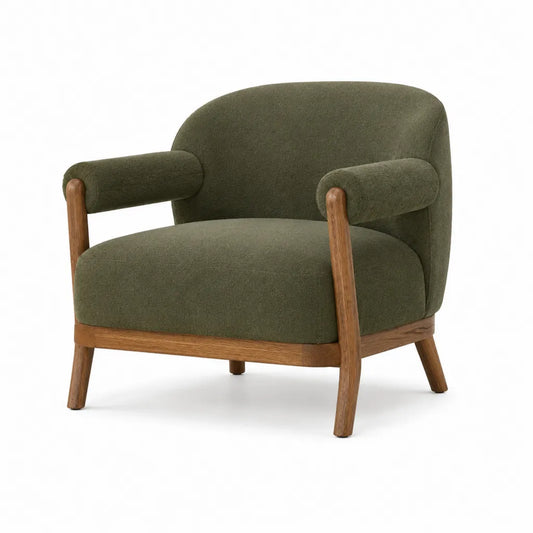 Poltrona soggiorno imbottita in poliestere e legno massello forma arrotondata verde oliva 75 x 80 x 78 cm